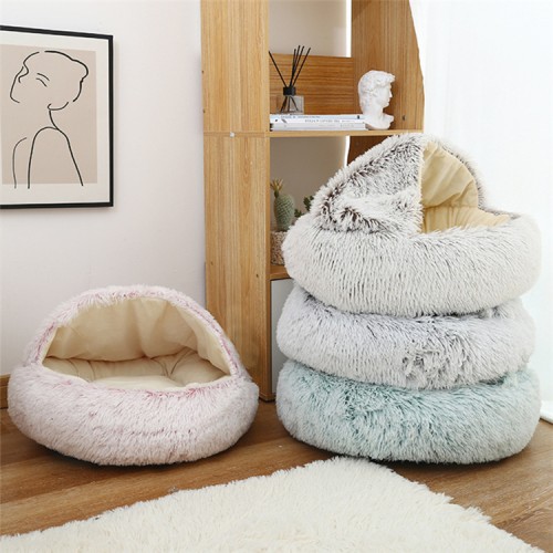 Hot Sale  Faux Fur Comfortable Washable Luxury Fluffy Plush Pet Cave Cat Dog Beds Round Donuts Pet Bed For Dogs