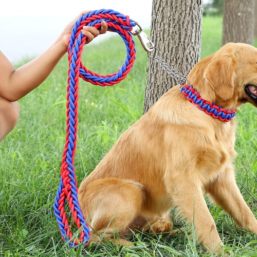 luxury Long rope nylon strong metal dog collar and leash set